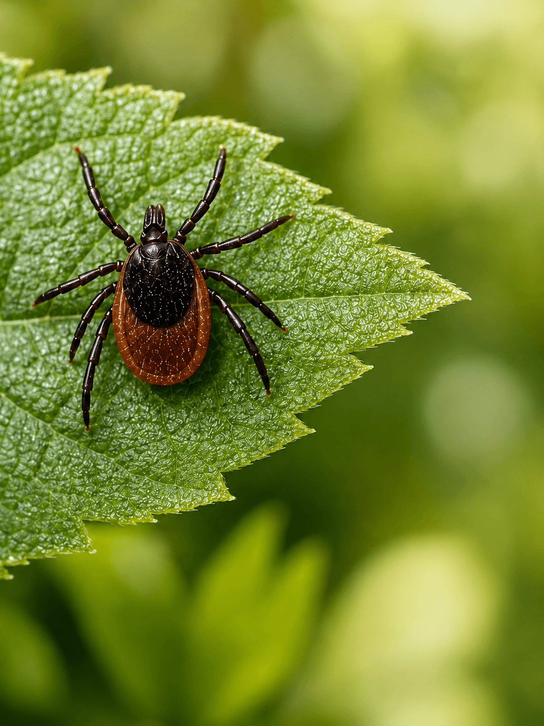 Tick on a green leaf — macro photograph